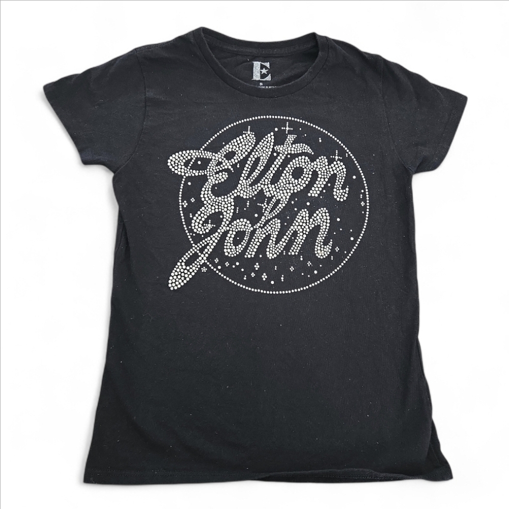 Black Elton John Concert T-Shirt Size Small Woth Rhinstones. Like New